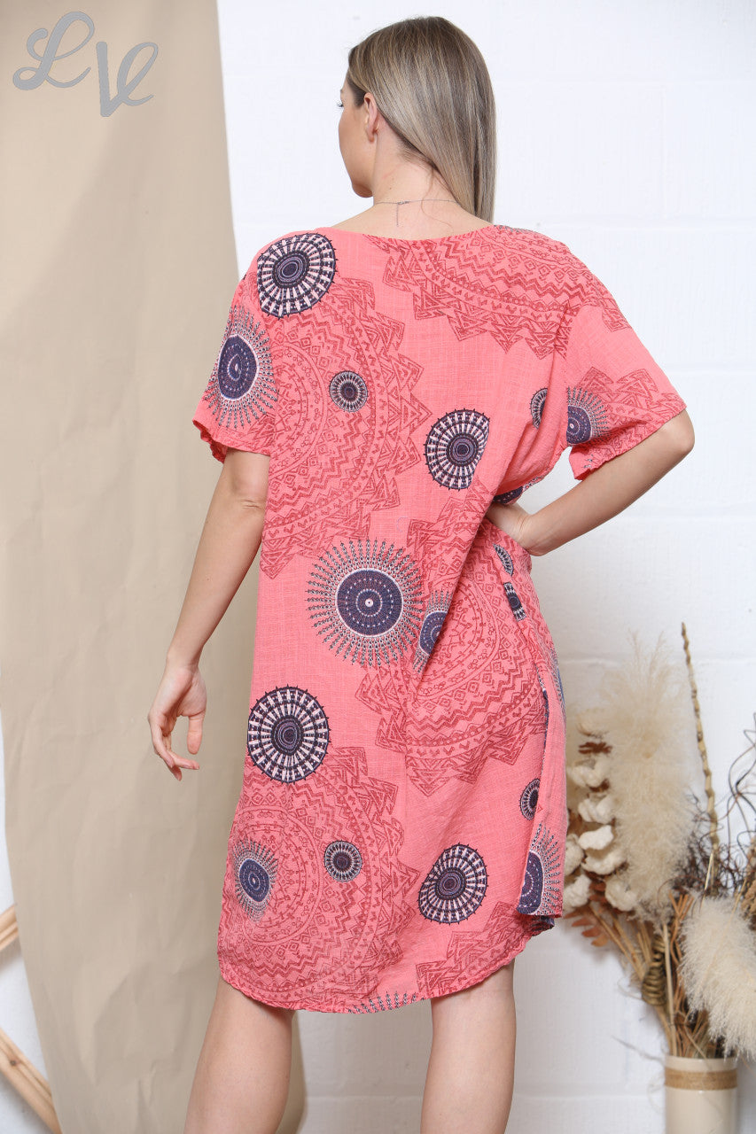 Damesjurk met Tribal Print en Zakken Koraal