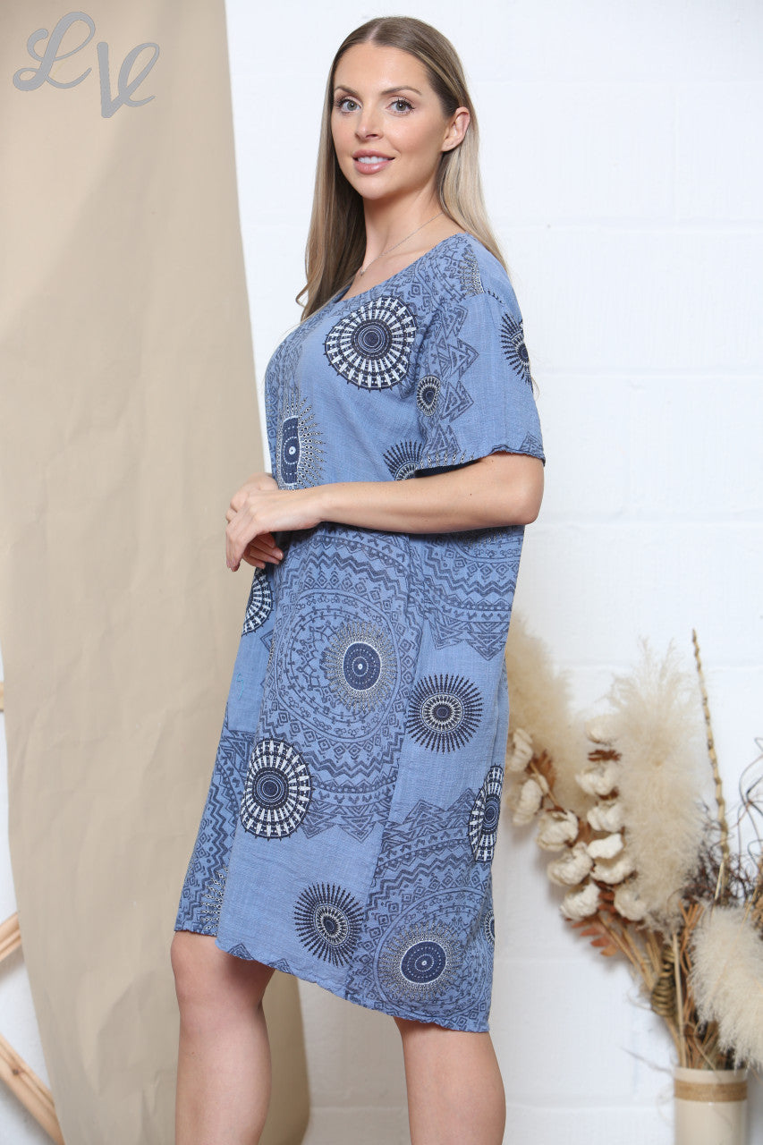 Ladies Tribal Print Pocket Dress Denim