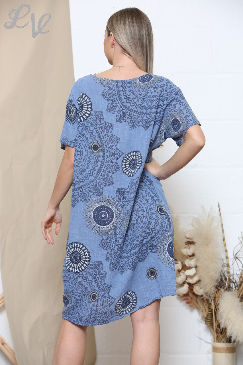 Ladies Tribal Print Pocket Dress Denim