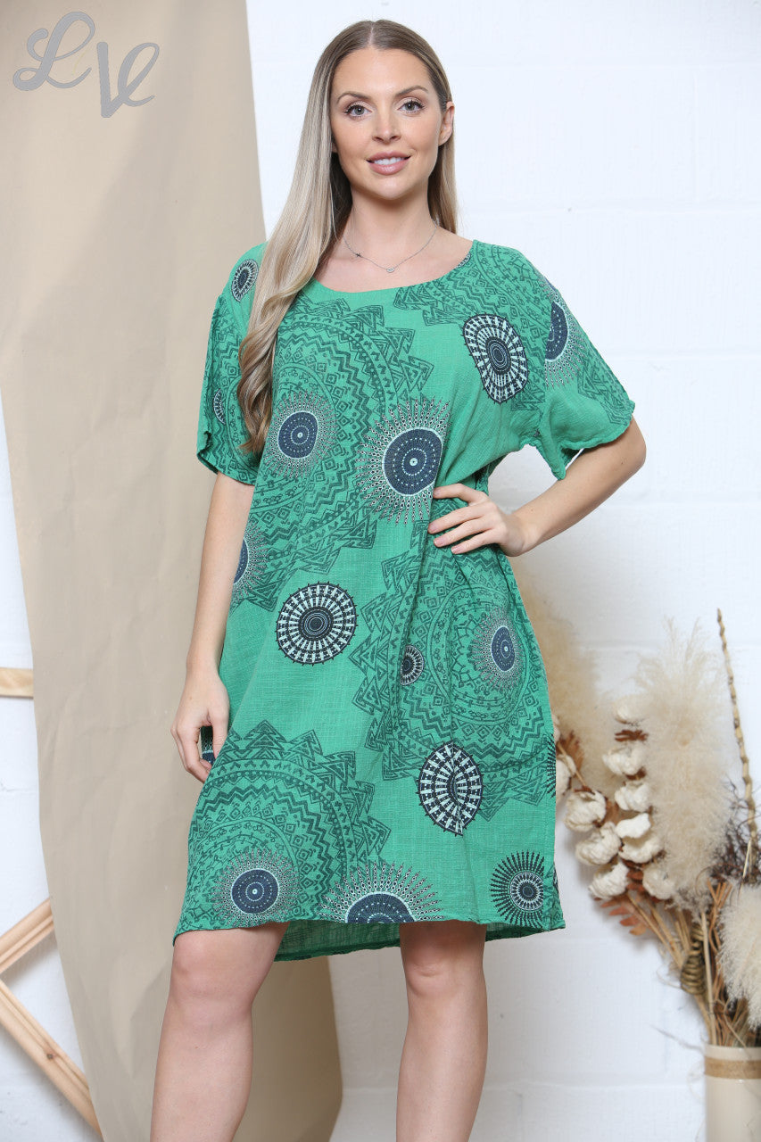 Ladies Tribal Print Pocket Dress Green