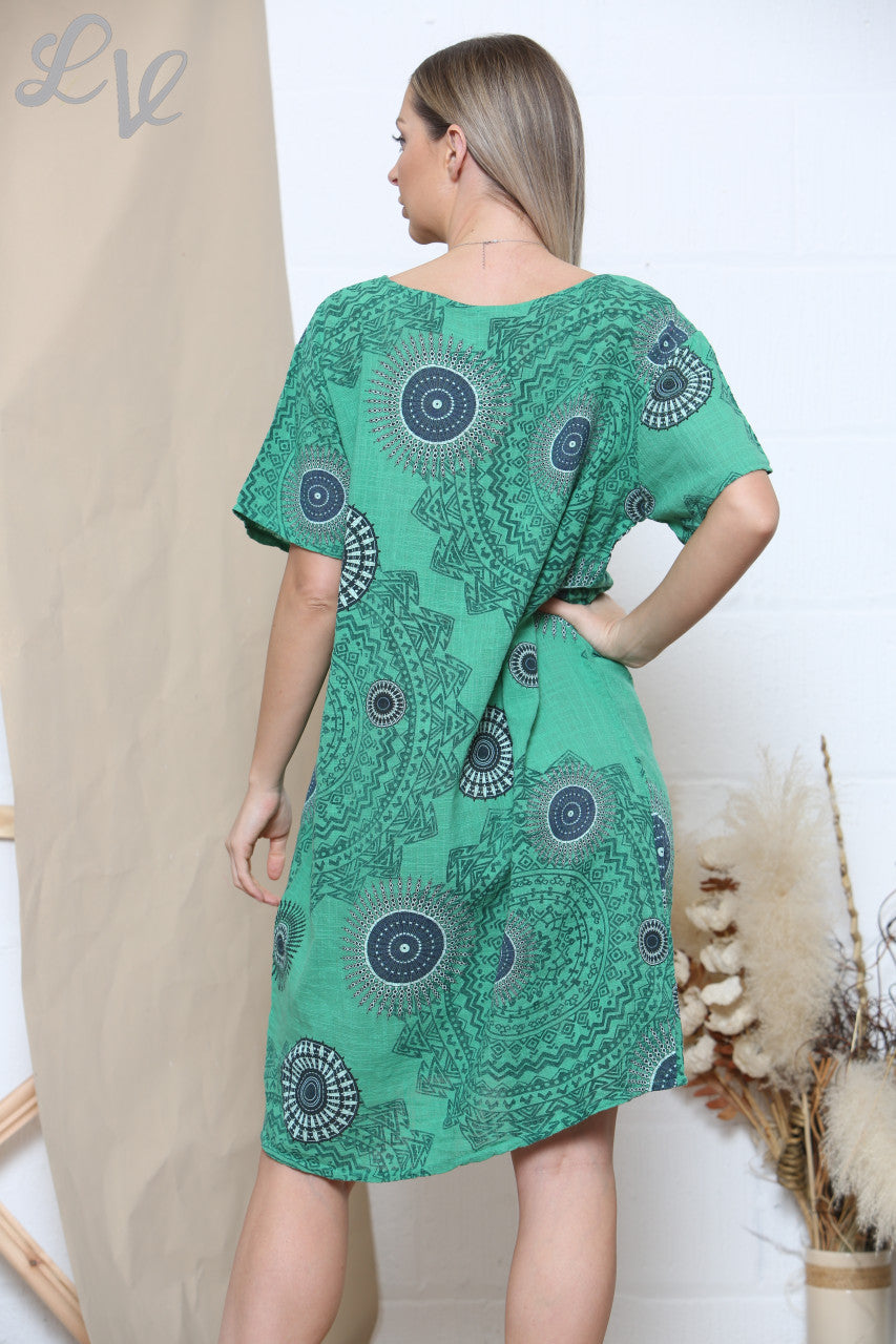 Ladies Tribal Print Pocket Dress Green