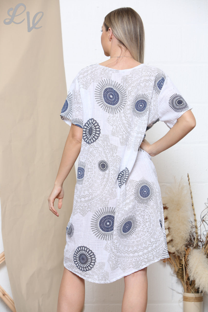 Ladies Tribal Print Pocket Dress White