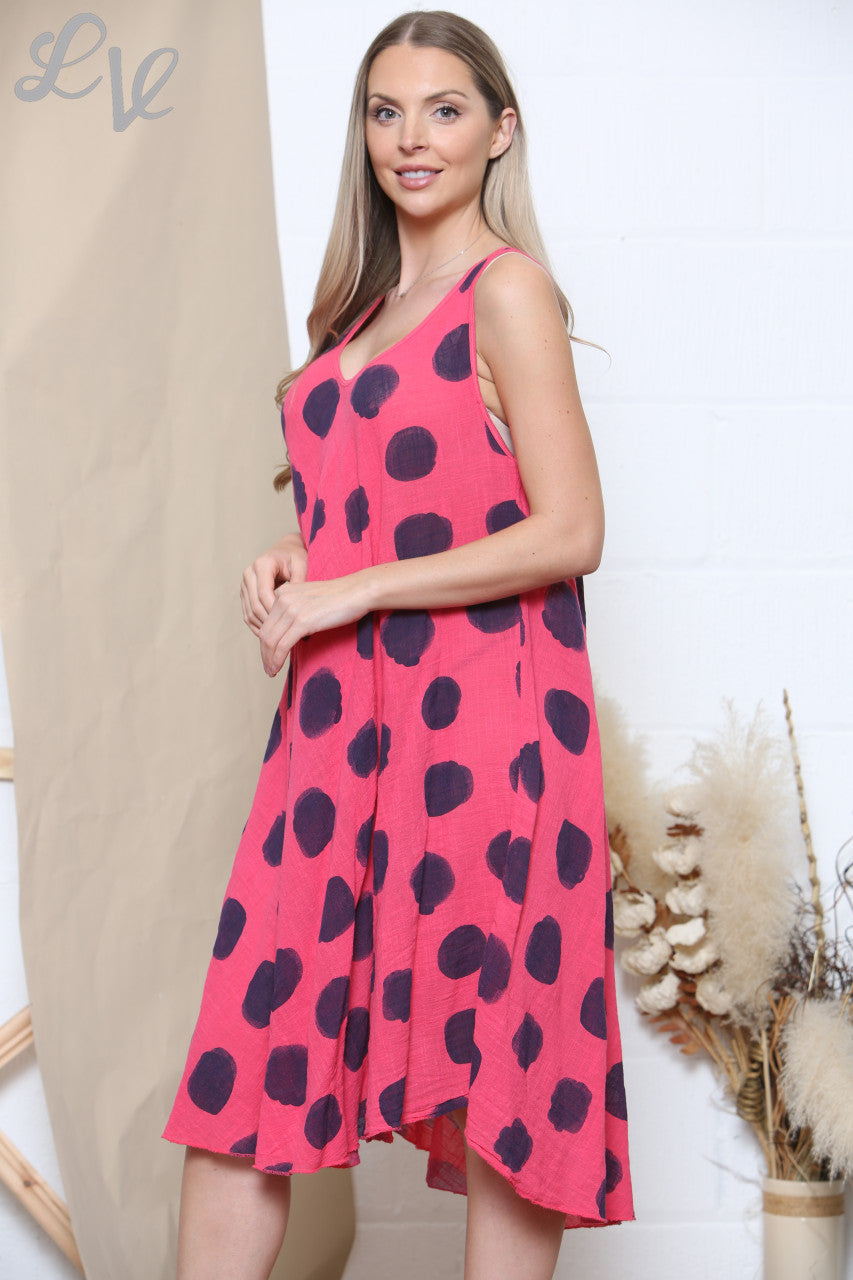 Dames mouwloze jurk met polkadots cerise