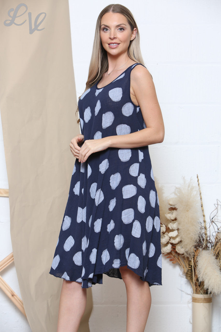 Dames mouwloze jurk met stippenprint marine