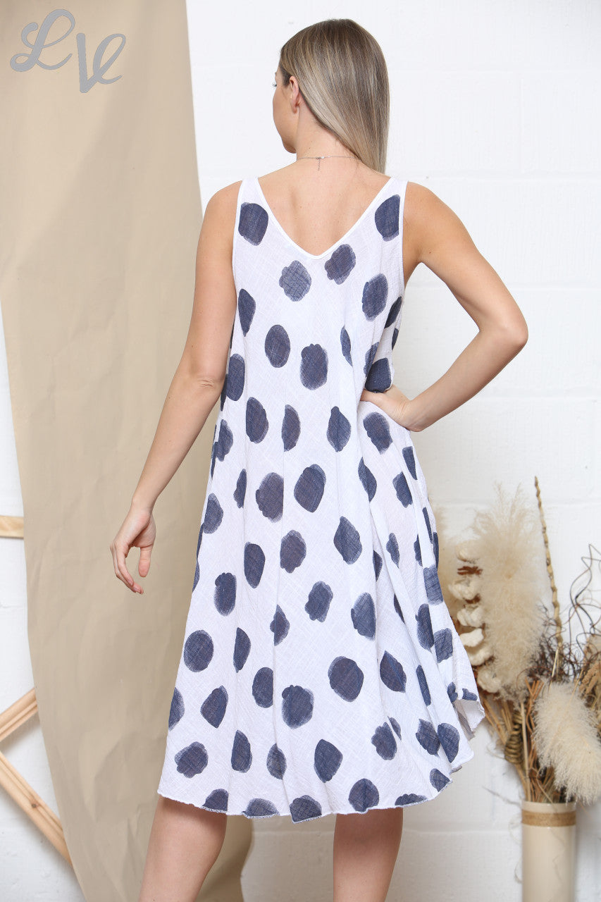 Ladies Polka Dot Print Sleeveless Dress White