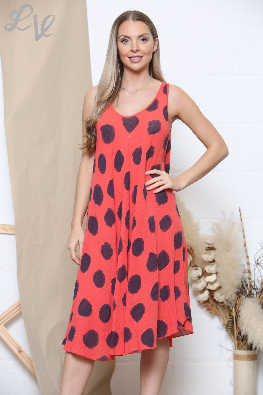 Ladies Polka Dot Print Sleeveless Dress Coral