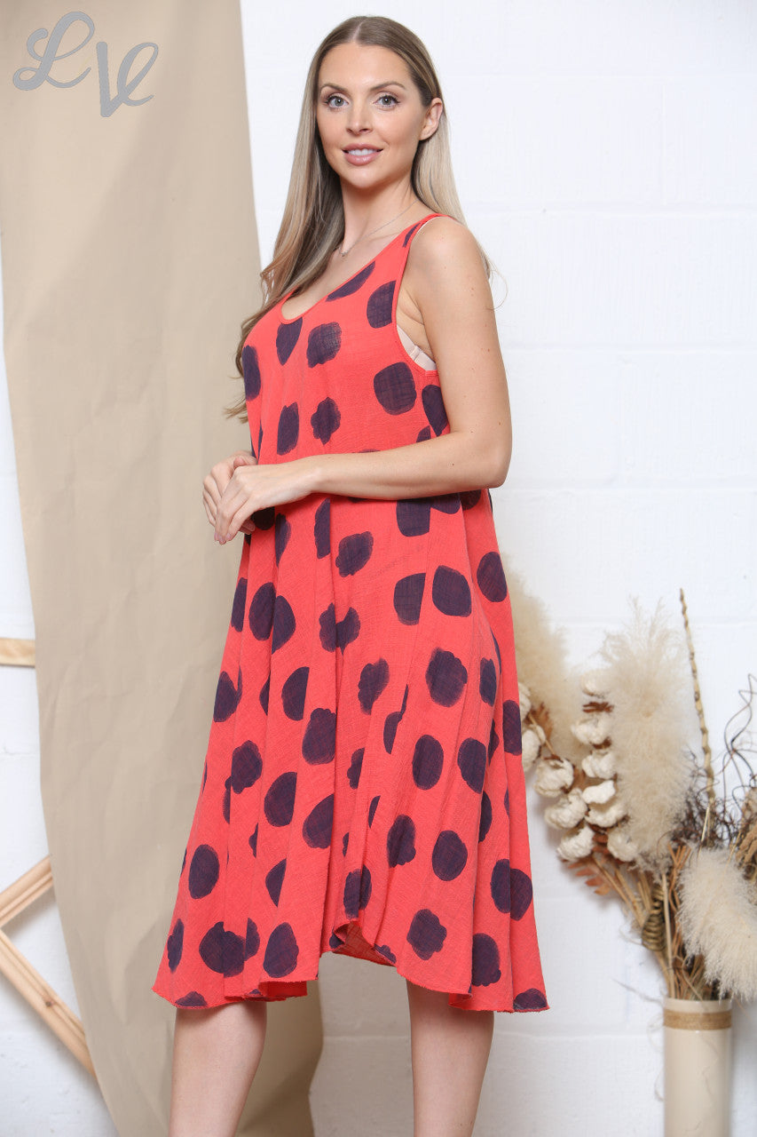Ladies Polka Dot Print Sleeveless Dress Coral