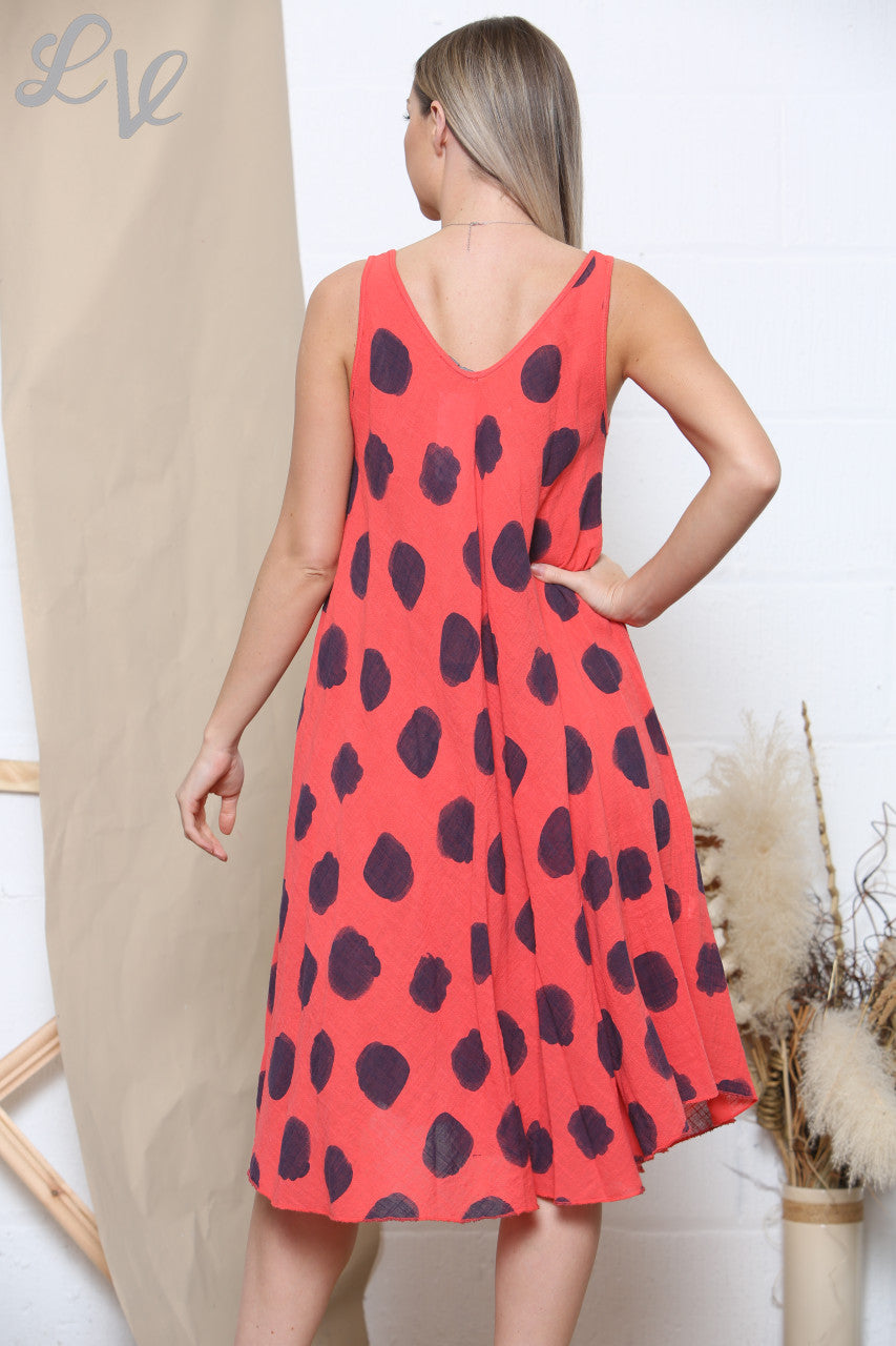 Ladies Polka Dot Print Sleeveless Dress Coral