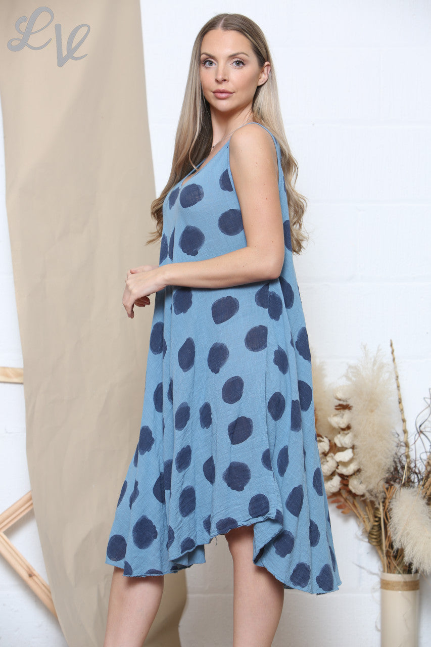 Ladies Polka Dot Print Sleeveless Dress Denim