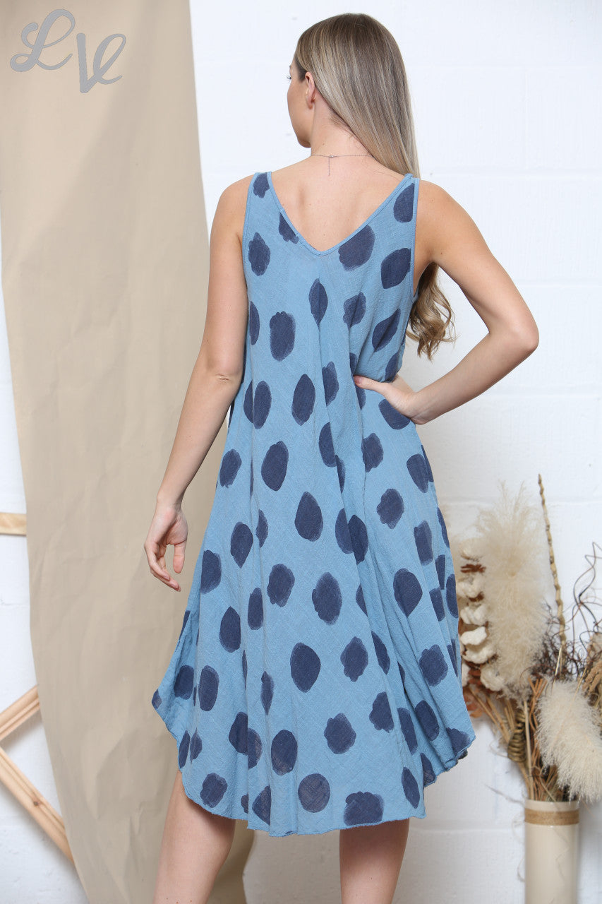 Ladies Polka Dot Print Sleeveless Dress Denim