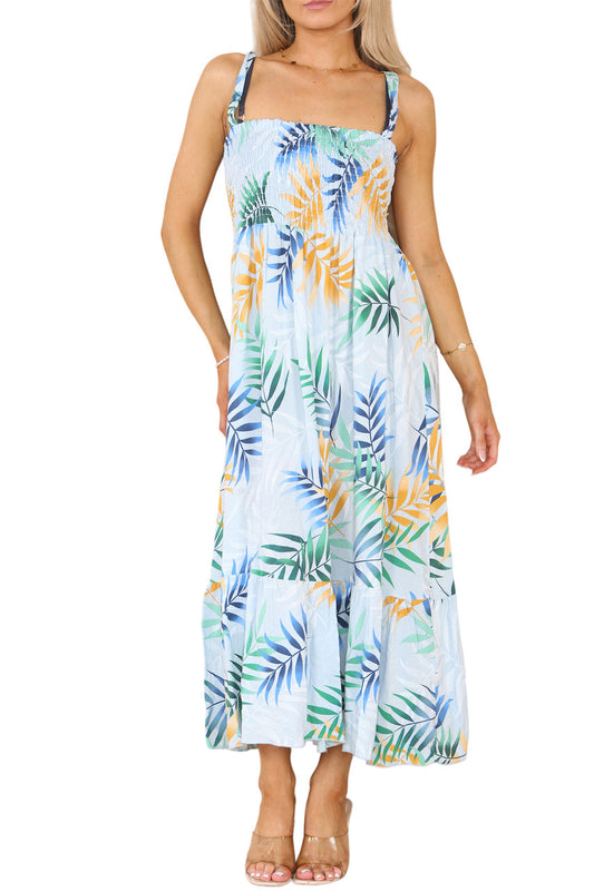 SHIRRED TROPICAL PRINT DRESS - LIGHT BLUE