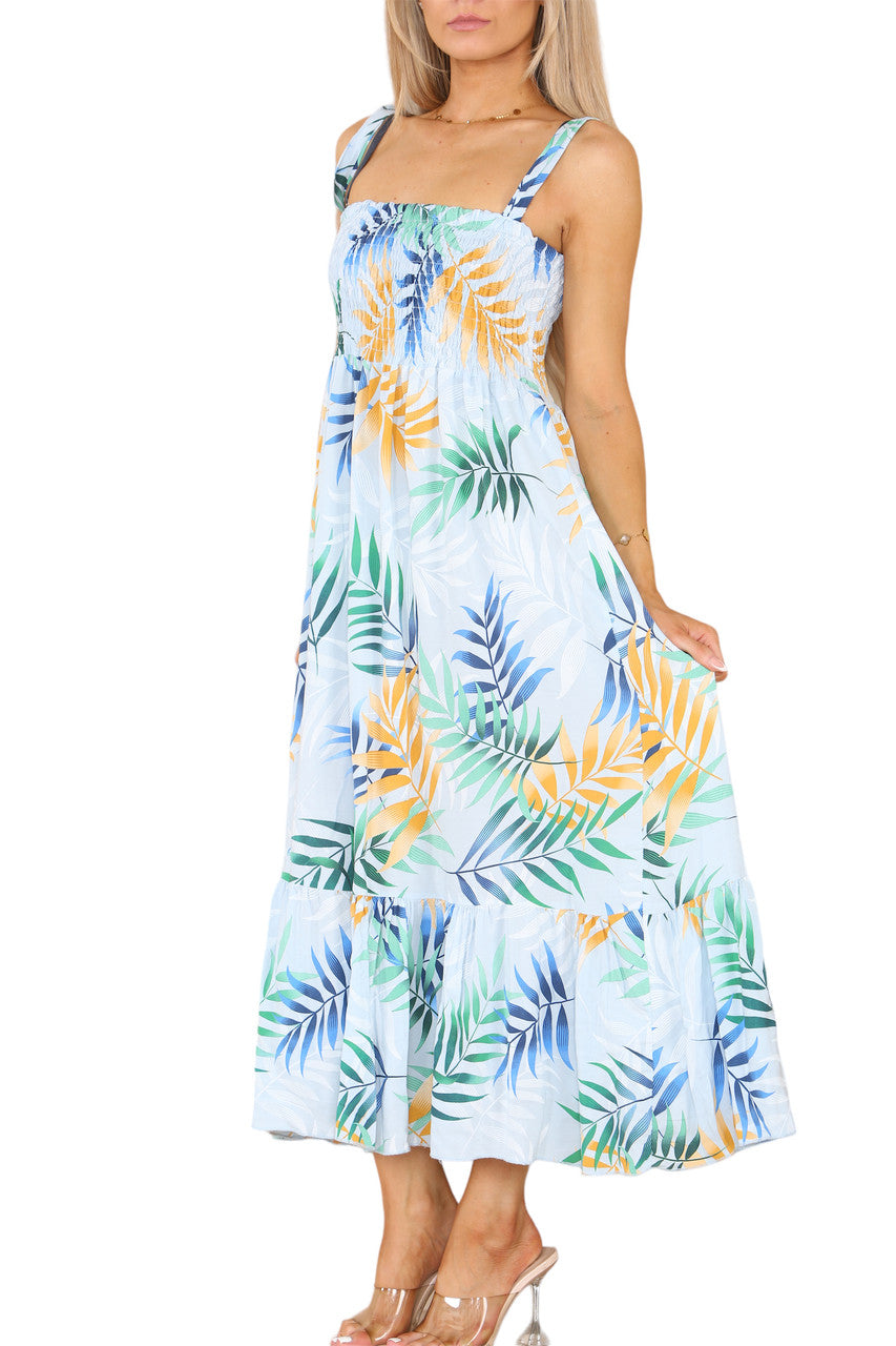 SHIRRED TROPICAL PRINT DRESS - LIGHT BLUE