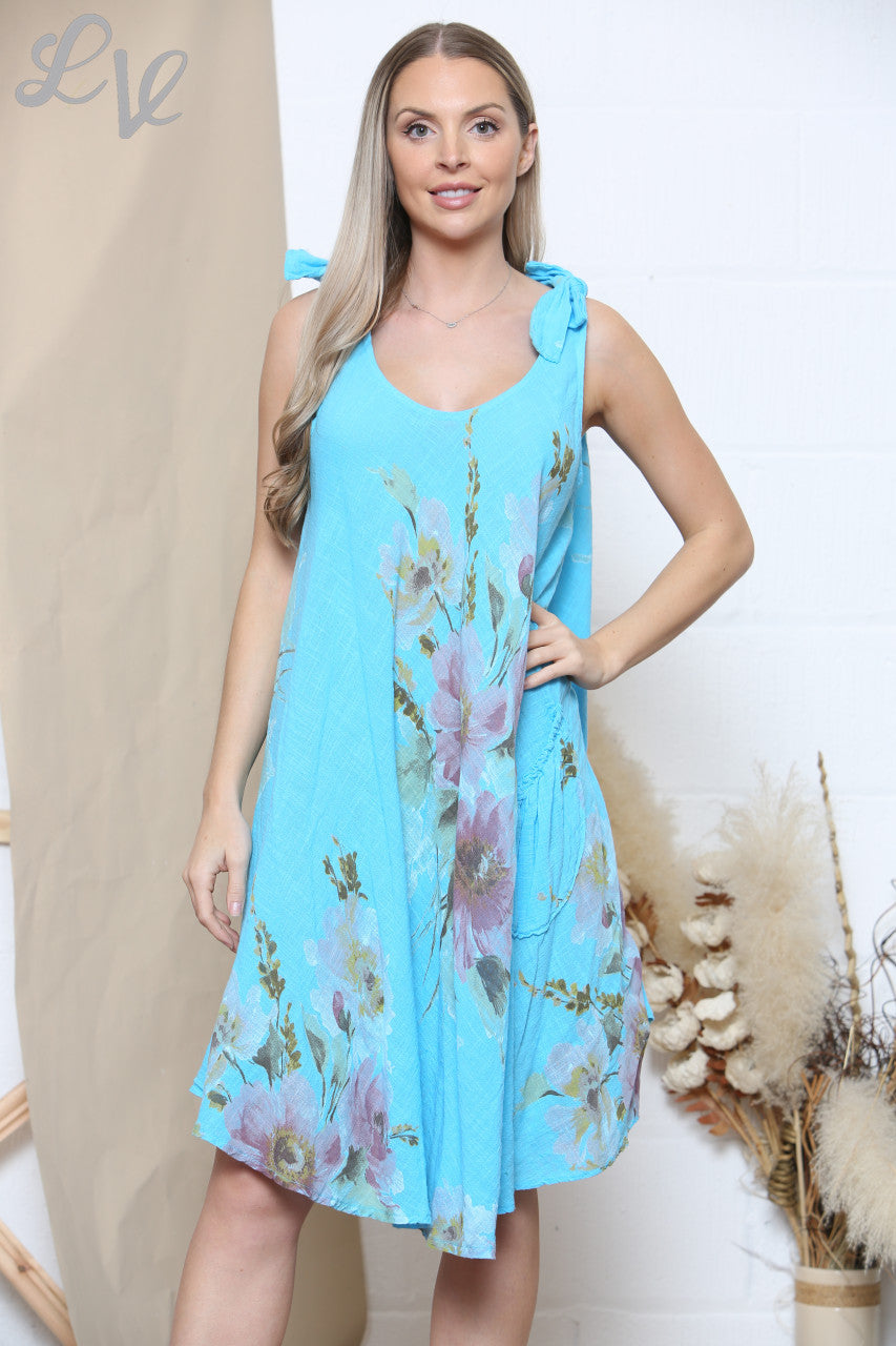 Dames Roze Bloemenprint Jurk met Strikbandjes op de Schouder Turkoois