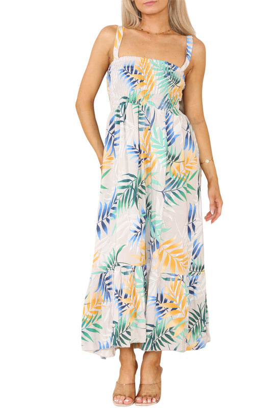 Shirred Tropical Print Dress - Stone