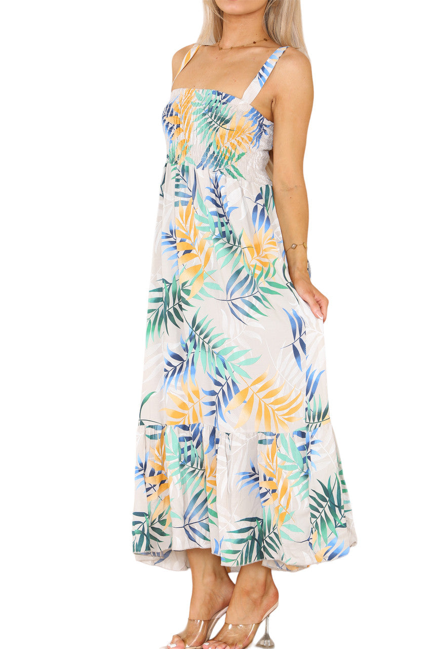 Shirred Tropical Print Dress - Stone