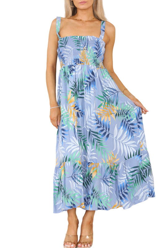 Shirred Tropical Print Dress - Denim