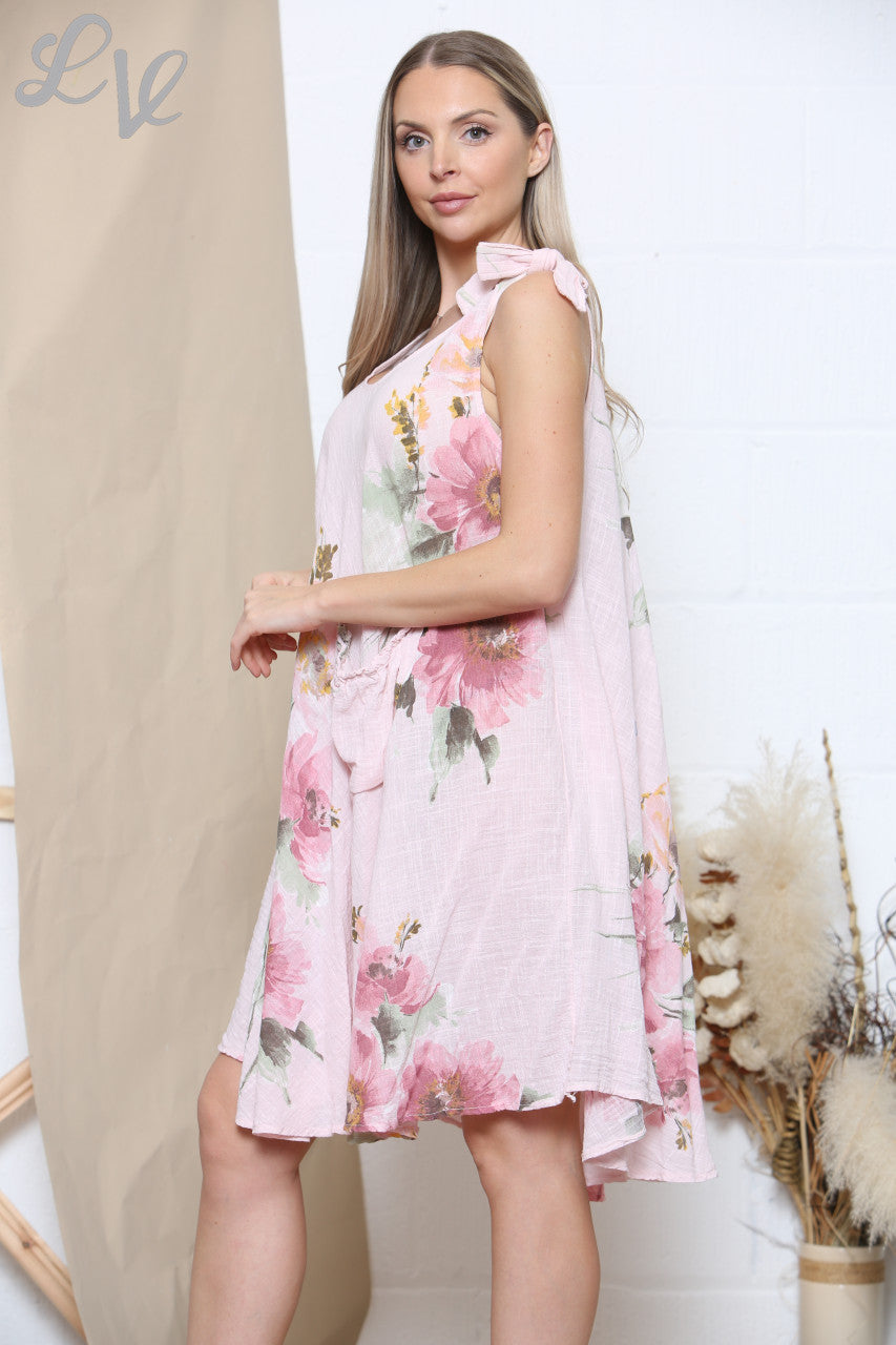 Ladies Pink Floral Print Tie Shoulder Summer Dress Dusty Pink