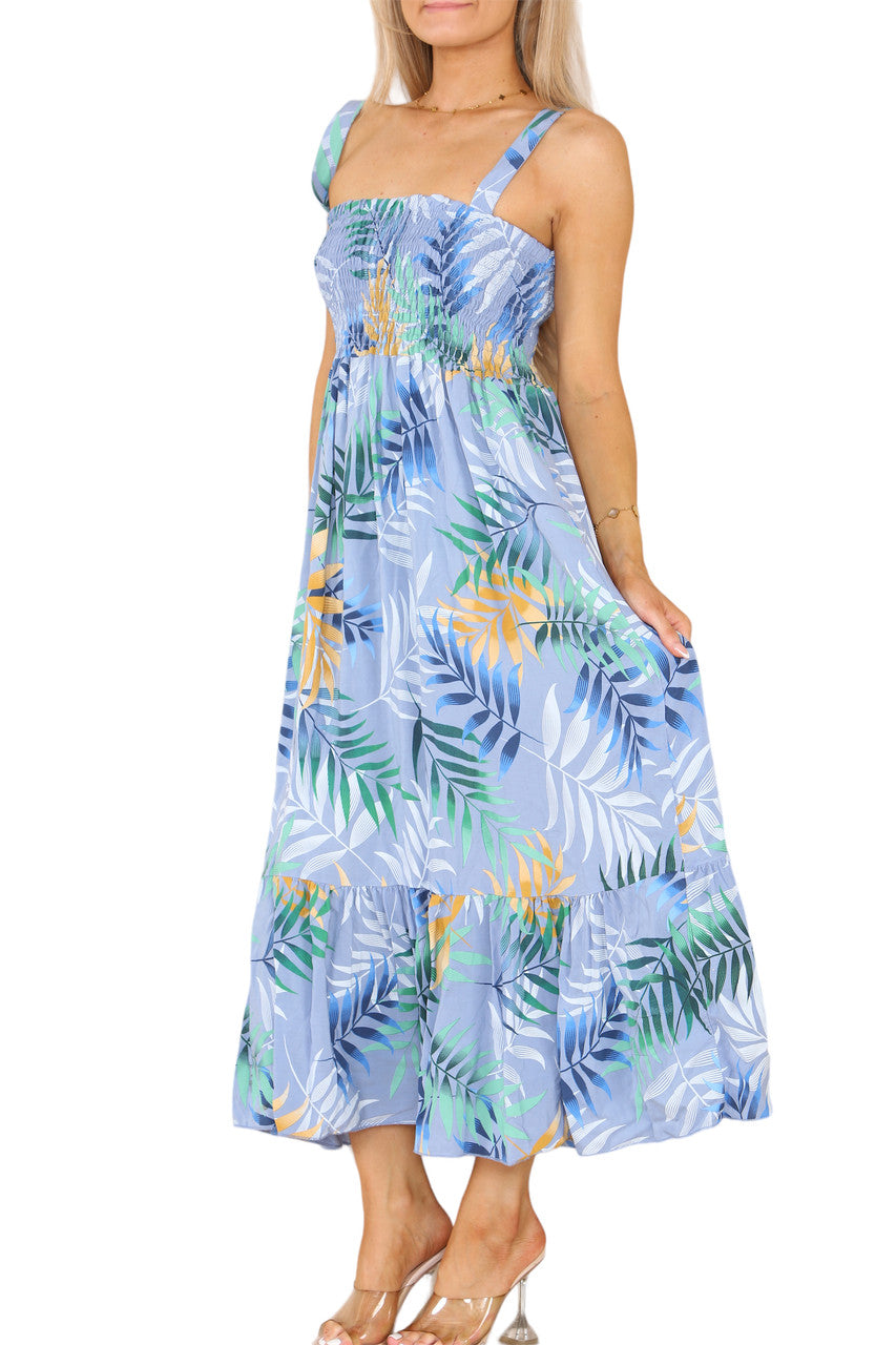 Shirred Tropical Print Dress - Denim