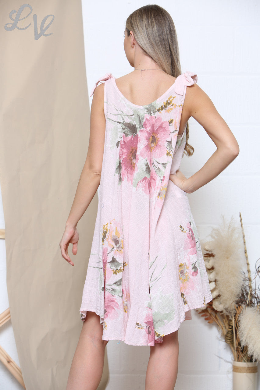 Ladies Pink Floral Print Tie Shoulder Summer Dress Dusty Pink