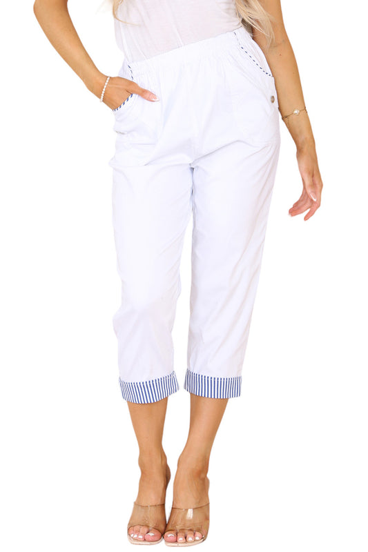 CROPPED STRETCH STRIPE HEM CHERRY BERRY TROUSERS WHITE