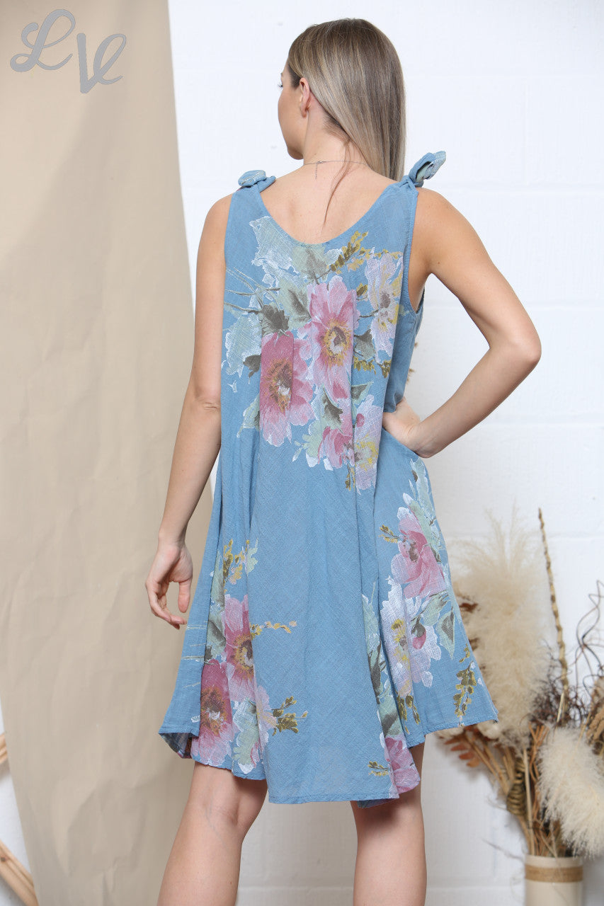 Ladies Pink Floral Print Tie Shoulder Summer Dress Denim
