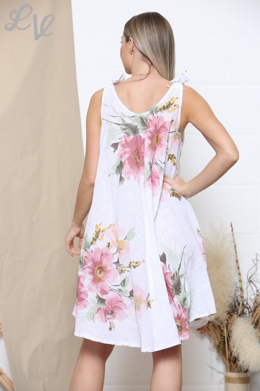 Dames Roze Bloemenprint Jurk met Strikbandjes Wit