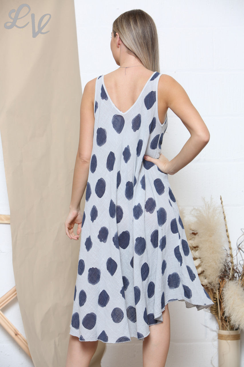 Ladies Polka Dot Print Sleeveless Dress Silver