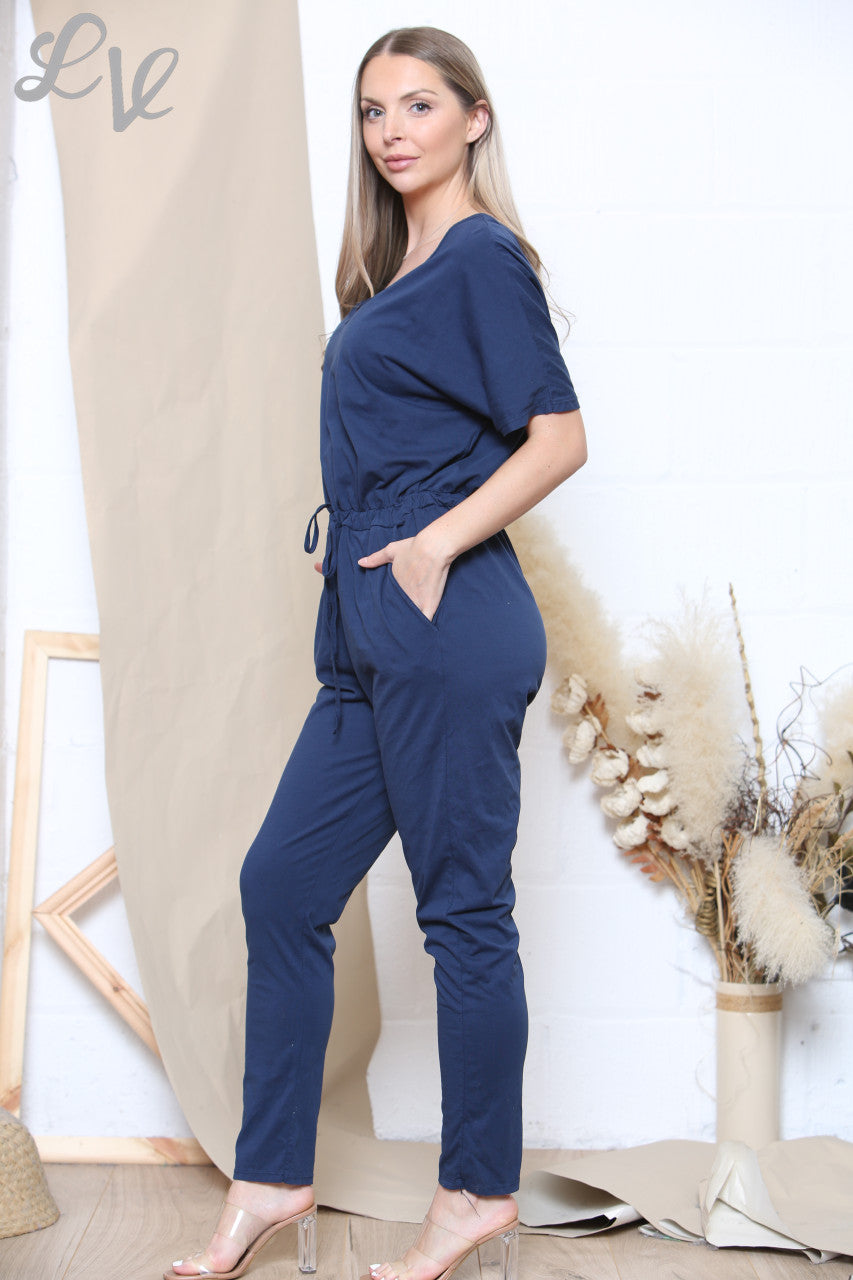 Ladies Drawstring Waist Jumpsuit Navy