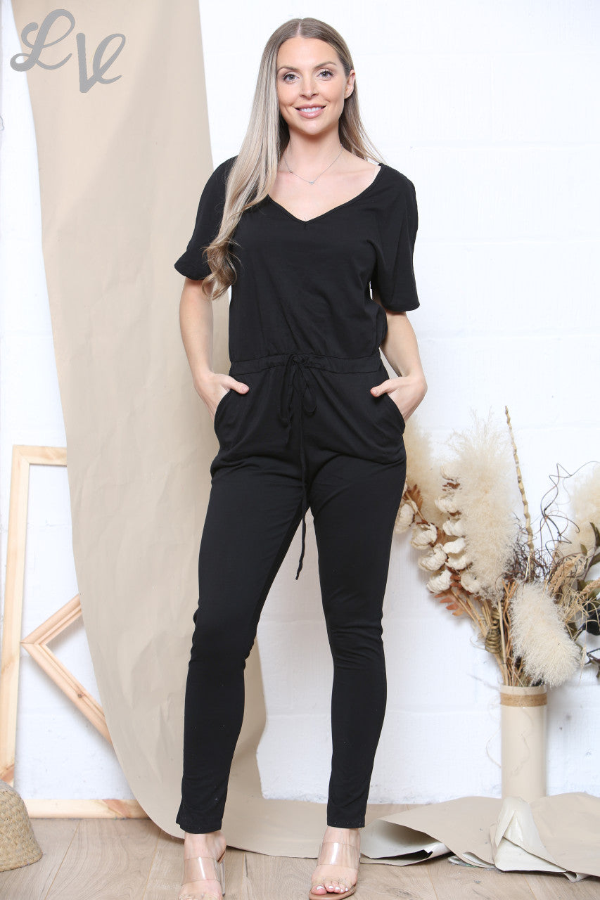 Ladies Drawstring Waist Jumpsuit Black