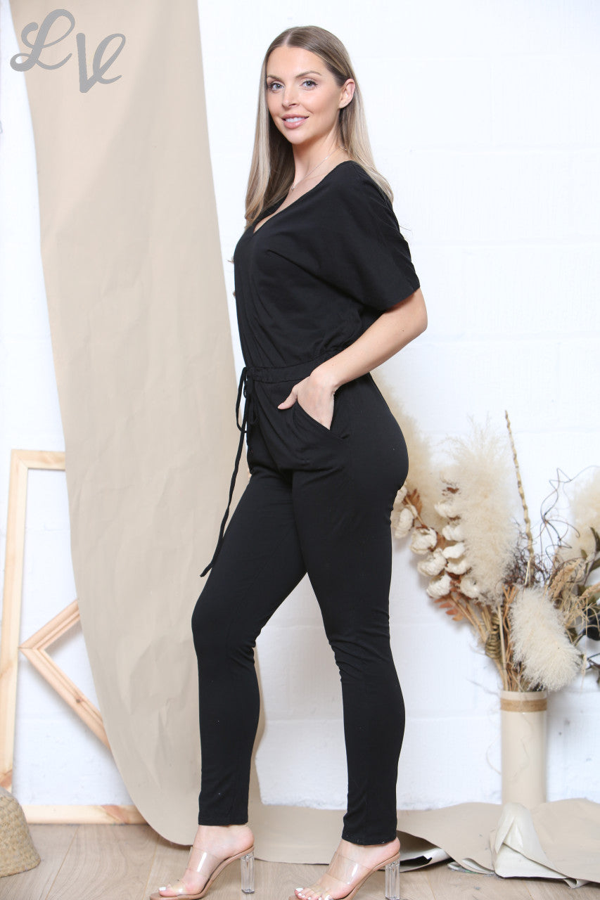 Ladies Drawstring Waist Jumpsuit Black