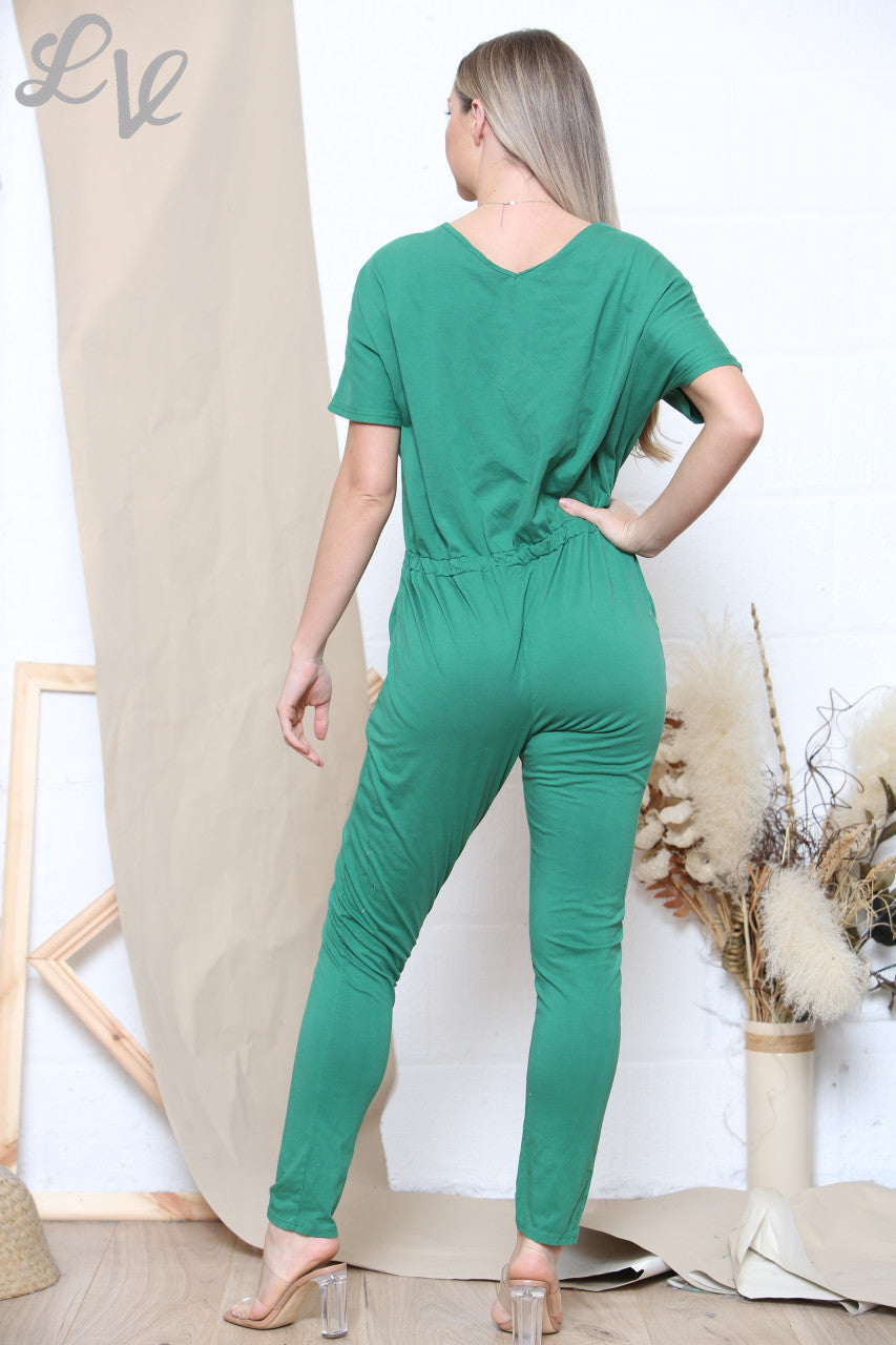 Ladies Drawstring Waist Jumpsuit Green