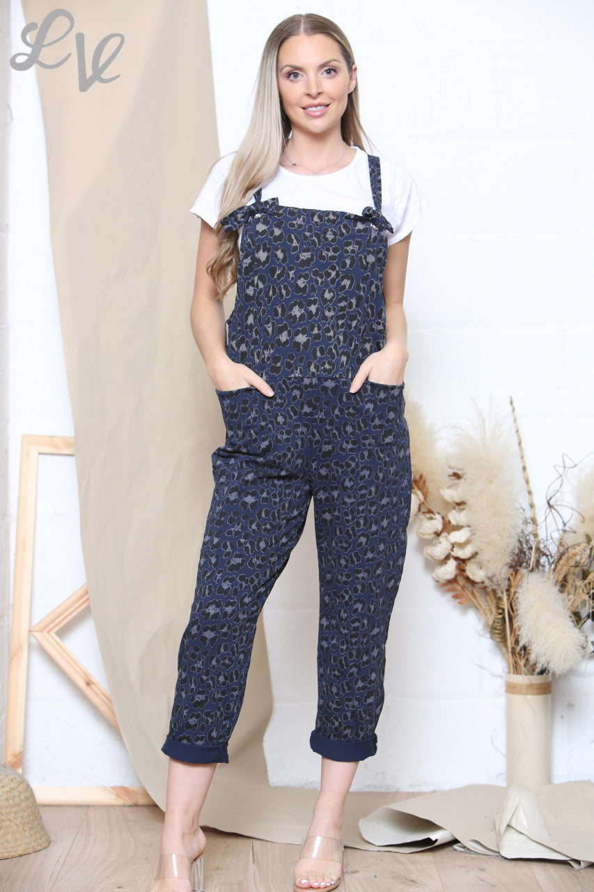 Ladies Leopard Print Dungarees + T-shirt Navy