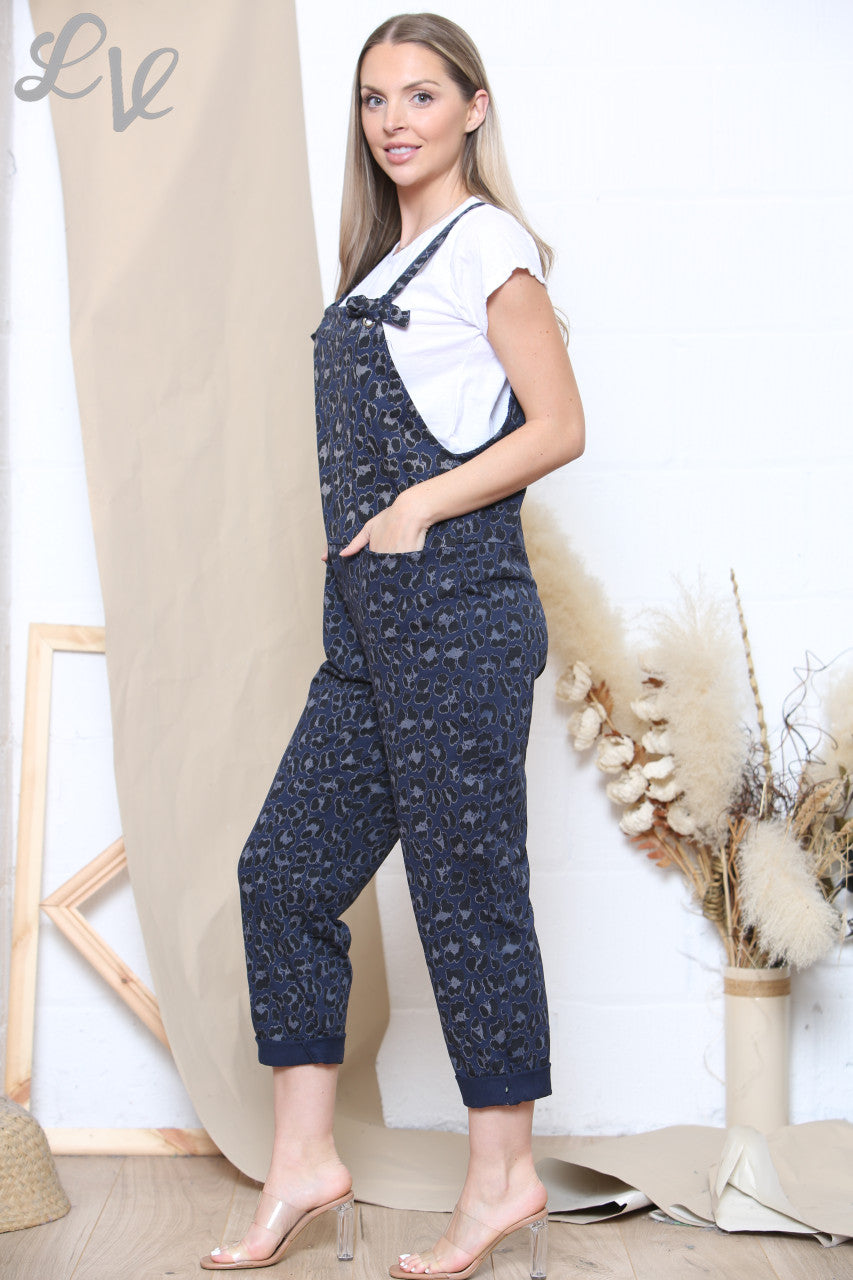 Ladies Leopard Print Dungarees + T-shirt Navy