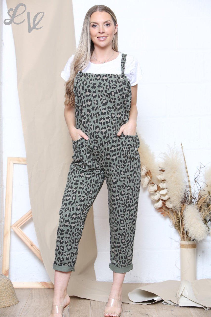 Dames Leopardprint Tuinbroek + T-shirt Kaki