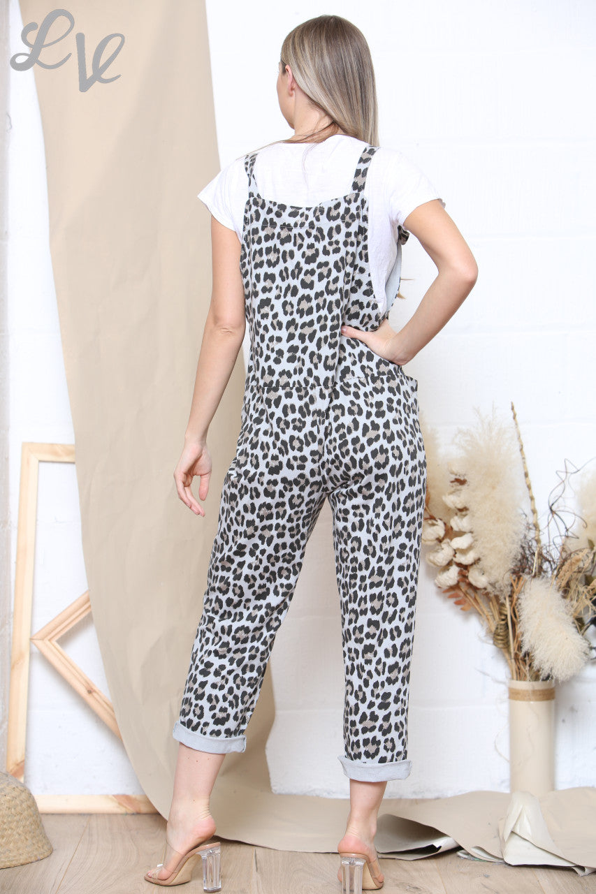 Ladies Leopard Print Dungarees + T-shirt Silver