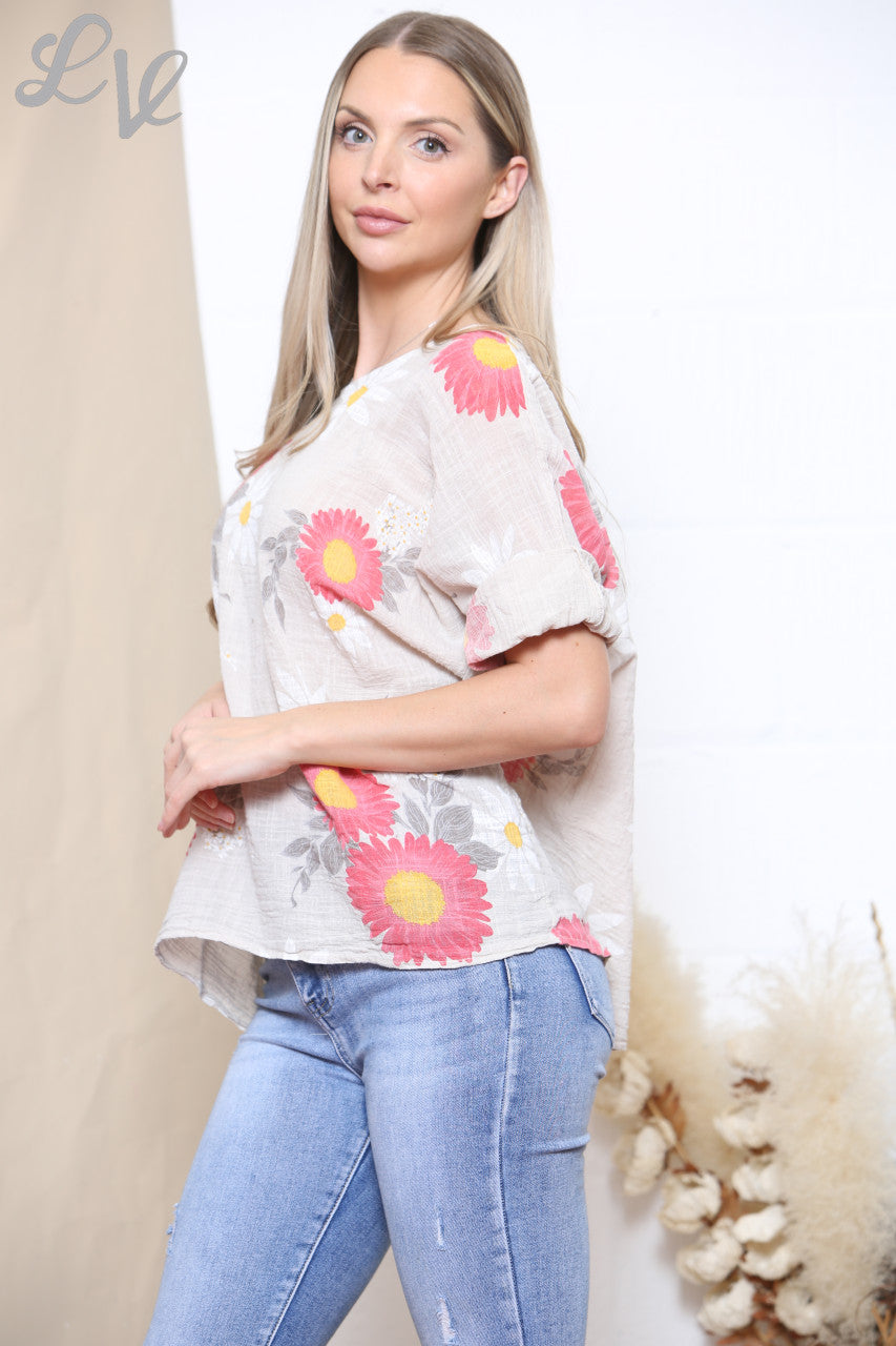 Dames Top met Zonnebloem- en Madeliefjesprint Steenkleurig