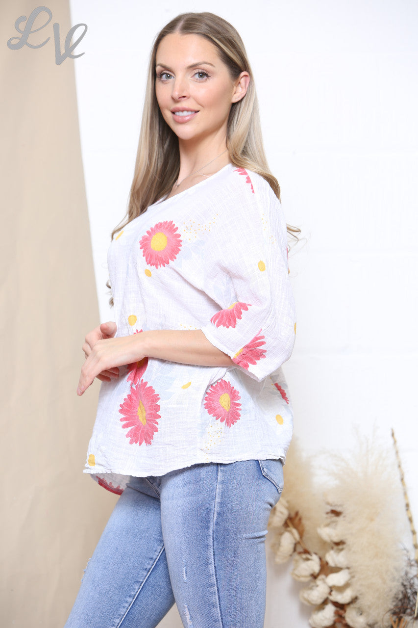 Ladies Sunflower & Daisy Flower Print Top White