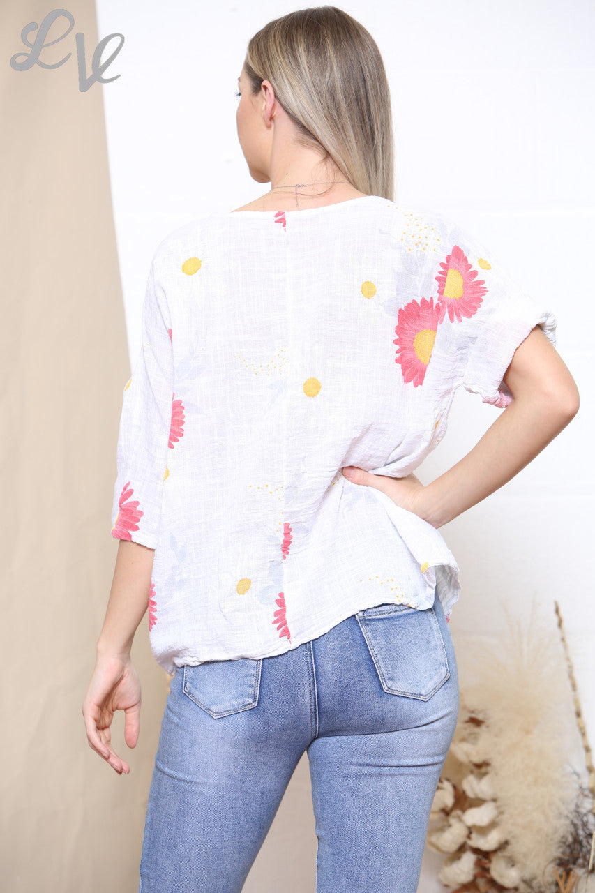 Ladies Sunflower & Daisy Flower Print Top White