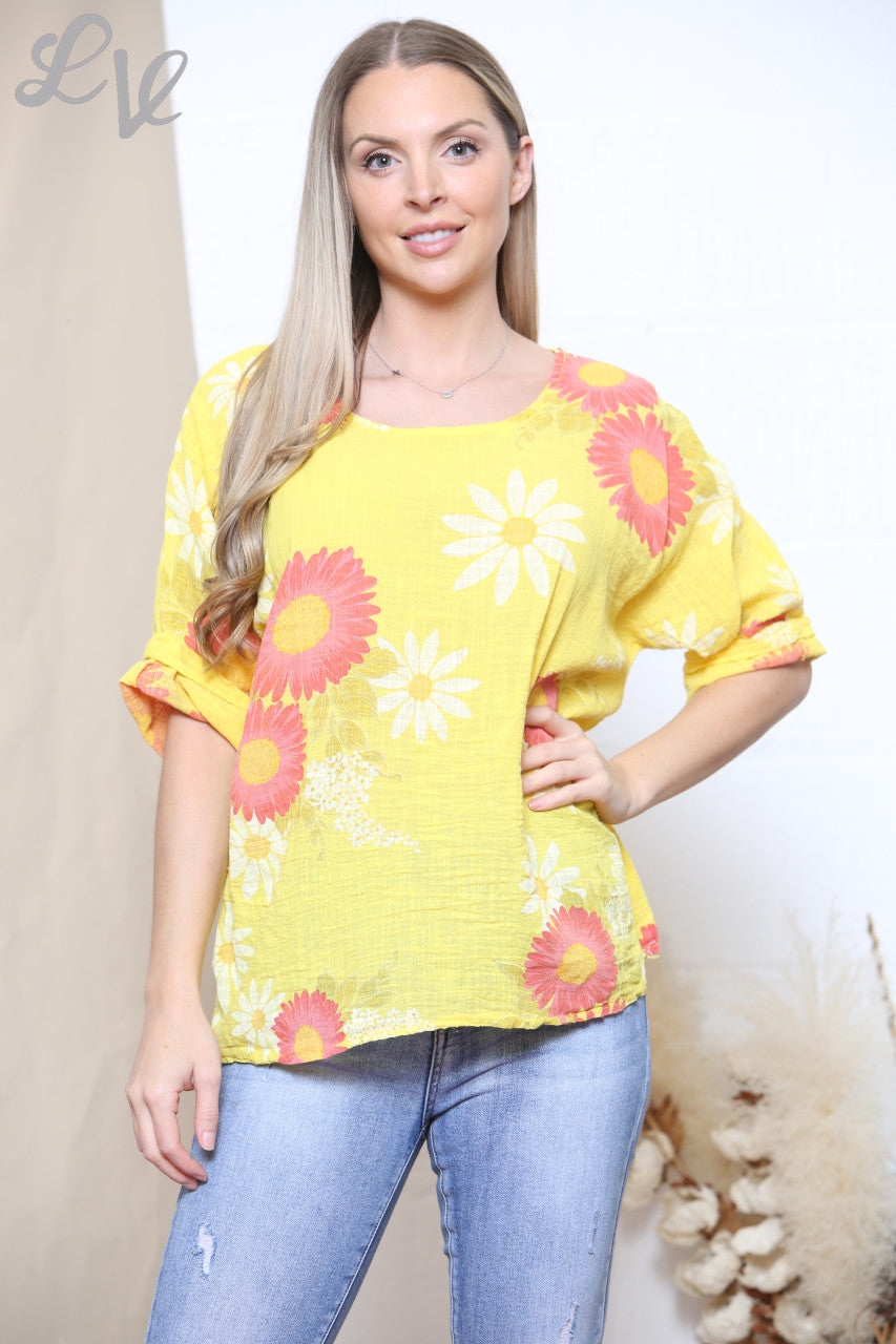 Ladies Sunflower & Daisy Flower Print Top Yellow
