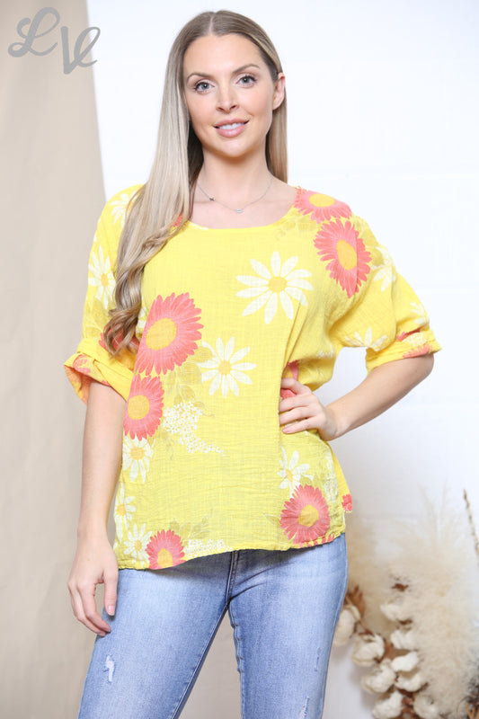 Ladies Sunflower & Daisy Flower Print Top Yellow