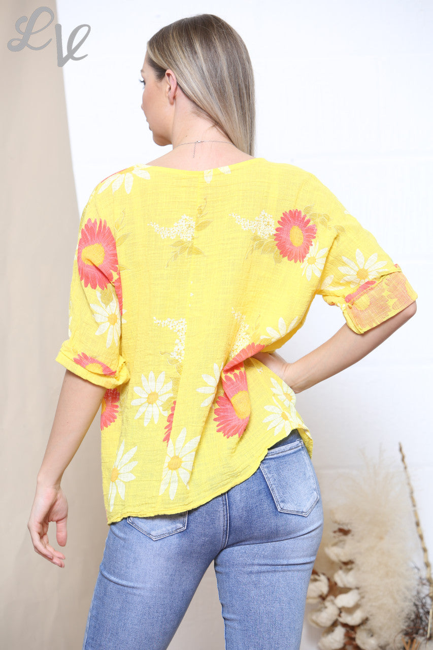 Ladies Sunflower & Daisy Flower Print Top Yellow