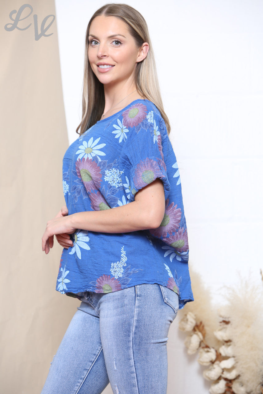 Dames T-shirt met zonnebloem- en madeliefjesprint koningsblauw