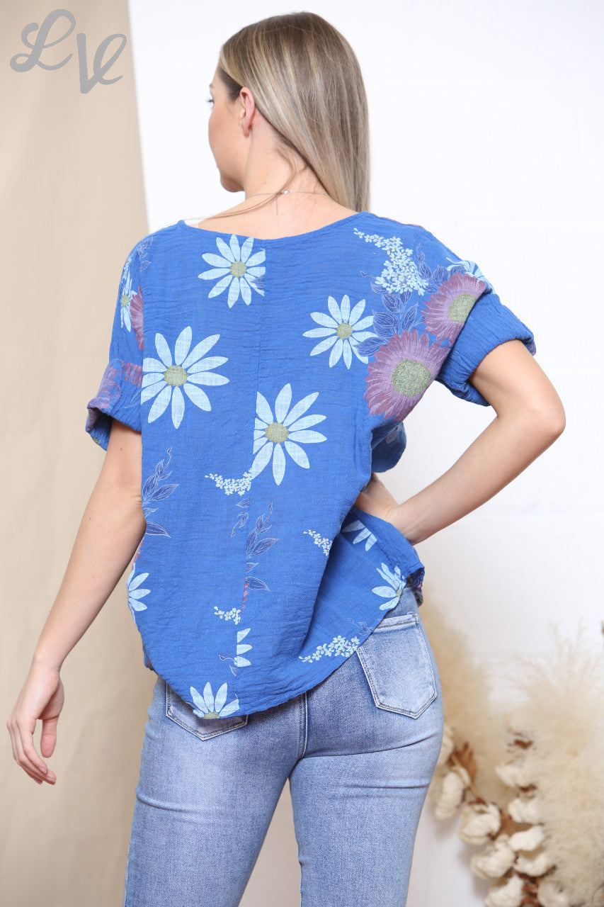 Dames T-shirt met zonnebloem- en madeliefjesprint koningsblauw