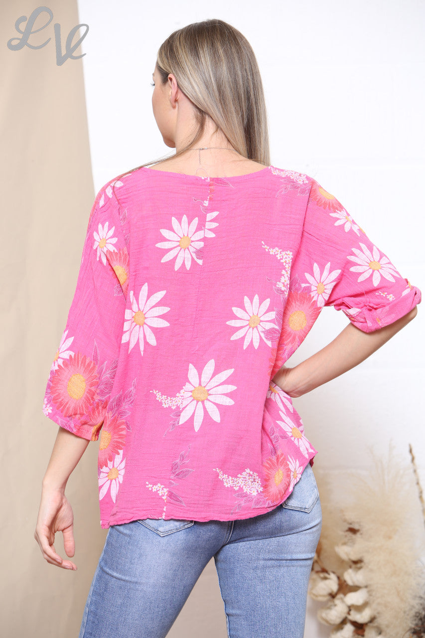 Dames Top Met Zonnebloem & Madeliefje Print Cerise