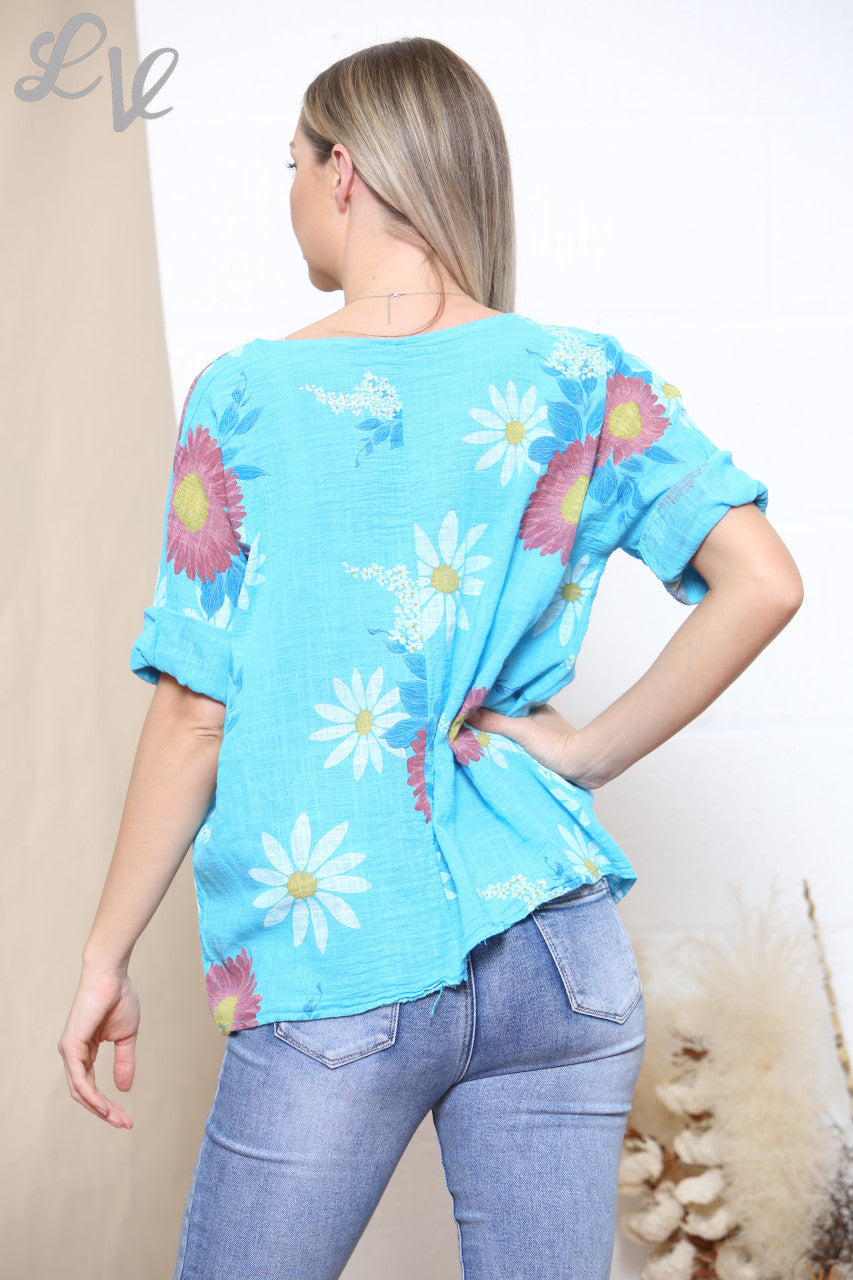 Ladies Sunflower & Daisy Flower Print Top Turquoise
