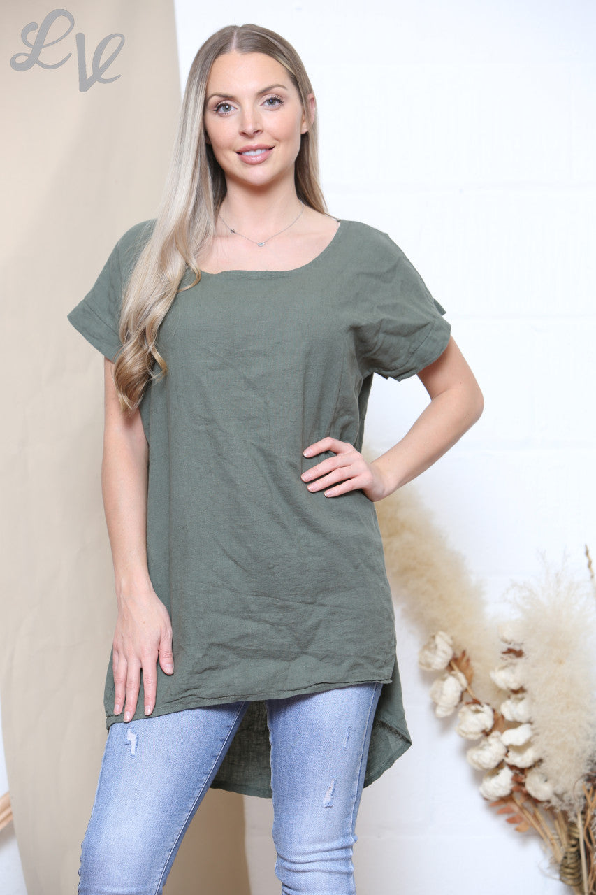 Ladies Plain Button Back Detail Top Khaki