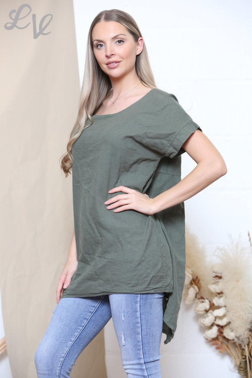 Ladies Plain Button Back Detail Top Khaki