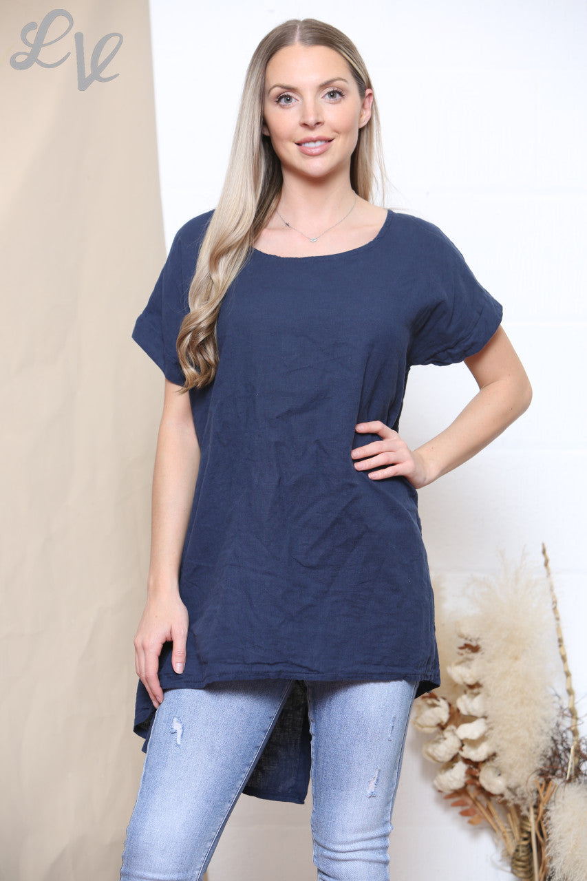 Dames Effen Top met Knoopdetails Achter Marineblauw
