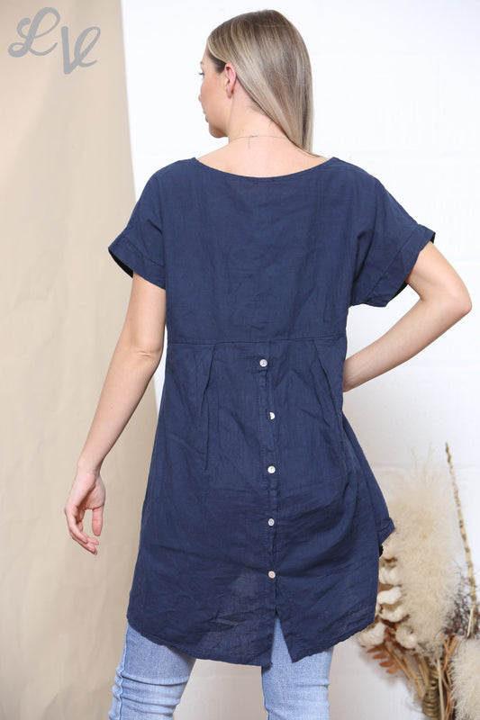 Ladies Plain Button Back Detail Top Navy