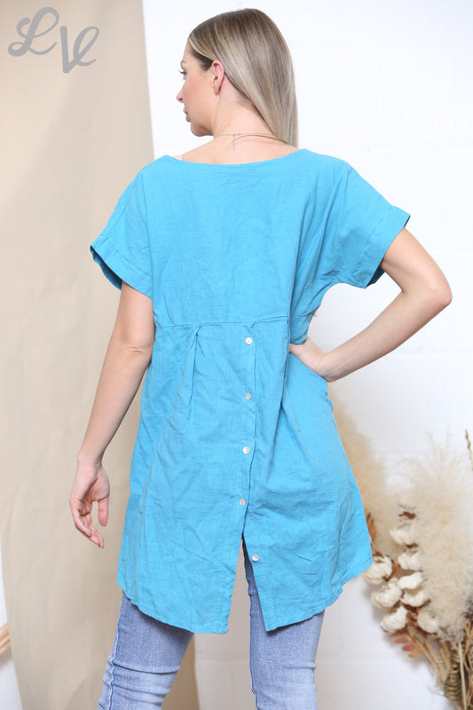 Ladies Plain Button Back Detail Top Turquoise